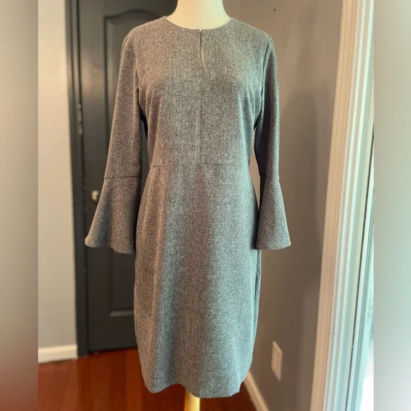 Ann Taylor Career Officecore Minimalist Elegant Gray Bell Sleeve Women's Dress - Picture 2 of 14